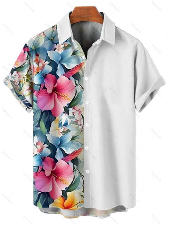 Vacation Couple Outfit Tropical Flower Leaf Pattern A Line Midi Belt Dress and Button Up Shirt Casual Matching Outfit - multicolor S | US 4