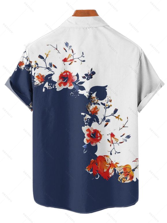 Vacation Couple Outfit Floral Tree Branches Pattern Colorblock Slit Half Flare Sleeve Dress and Button Up Shirt Casual Matching Outfit - Bleu de Minuit S | US 4