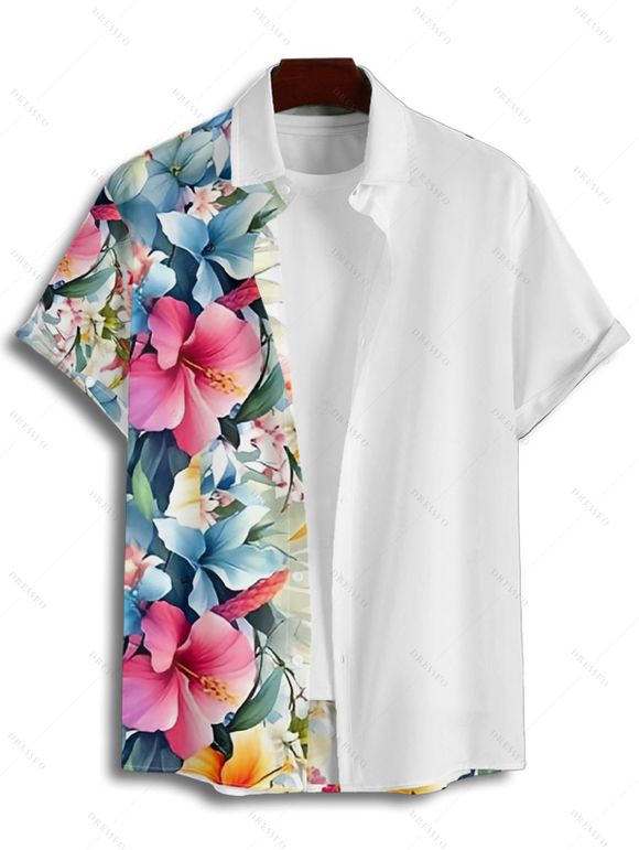 Vacation Couple Outfit Tropical Flower Leaf Pattern A Line Midi Belt Dress and Button Up Shirt Casual Matching Outfit - multicolor S | US 4