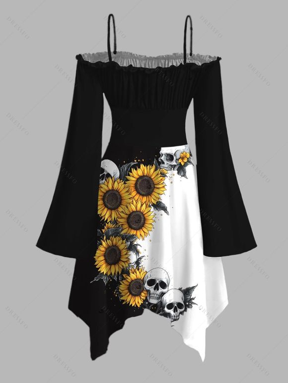 Robe gothique à lacets et imprimé tête de mort de tournesol, couleur contrastée, à volants, épaules dénudées, manches longues évasées, robe mi-longue de vacances - Noir XL | US 12