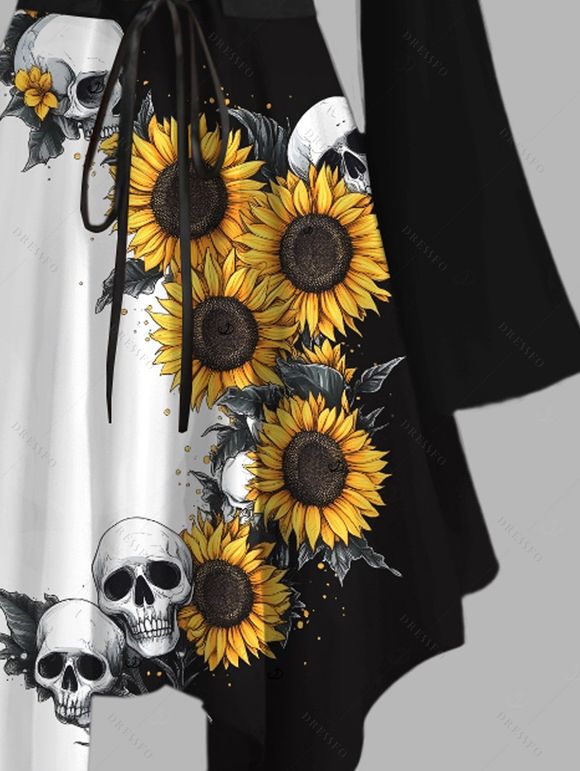 Robe gothique à lacets et imprimé tête de mort de tournesol, couleur contrastée, à volants, épaules dénudées, manches longues évasées, robe mi-longue de vacances - Noir XL | US 12