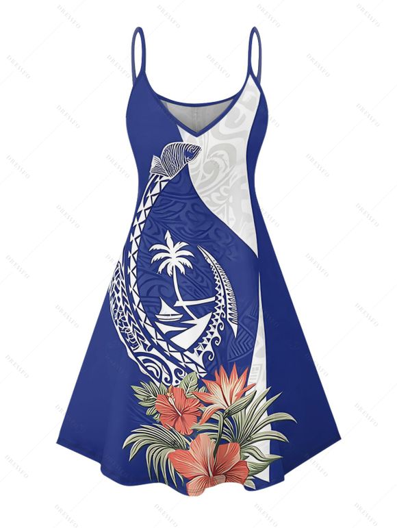 Robe de vacances à imprimé fleur, feuille, animal, cocotier, bretelles spaghetti, col en V, coupe trapèze, mini-robe de plage - Bleu XXXXXL | US 20