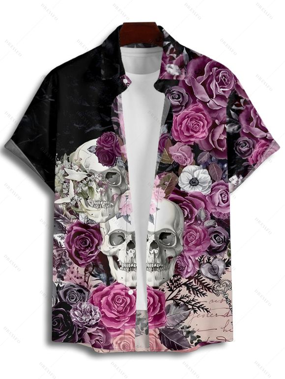 Chemise gothique à manches courtes et boutons pour homme, motif tête de mort, rose, fleur, feuille, vacances - Noir 4XL