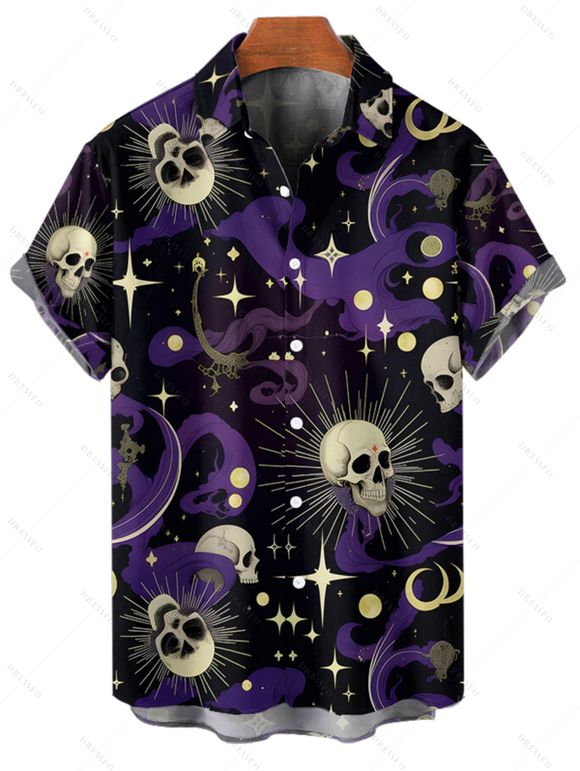 Chemise gothique à manches courtes et boutons pour homme, motif tête de mort, fantôme, soleil, lune et étoiles, idéale pour les fêtes - Noir 5XL