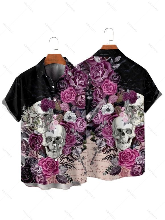 Chemise gothique à manches courtes et boutons pour homme, motif tête de mort, rose, fleur, feuille, vacances - Noir 4XL