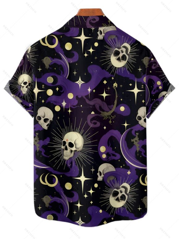 Chemise gothique à manches courtes et boutons pour homme, motif tête de mort, fantôme, soleil, lune et étoiles, idéale pour les fêtes - Noir 4XL