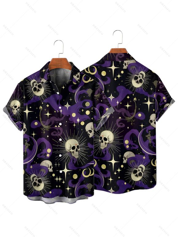 Chemise gothique à manches courtes et boutons pour homme, motif tête de mort, fantôme, soleil, lune et étoiles, idéale pour les fêtes - Noir 4XL
