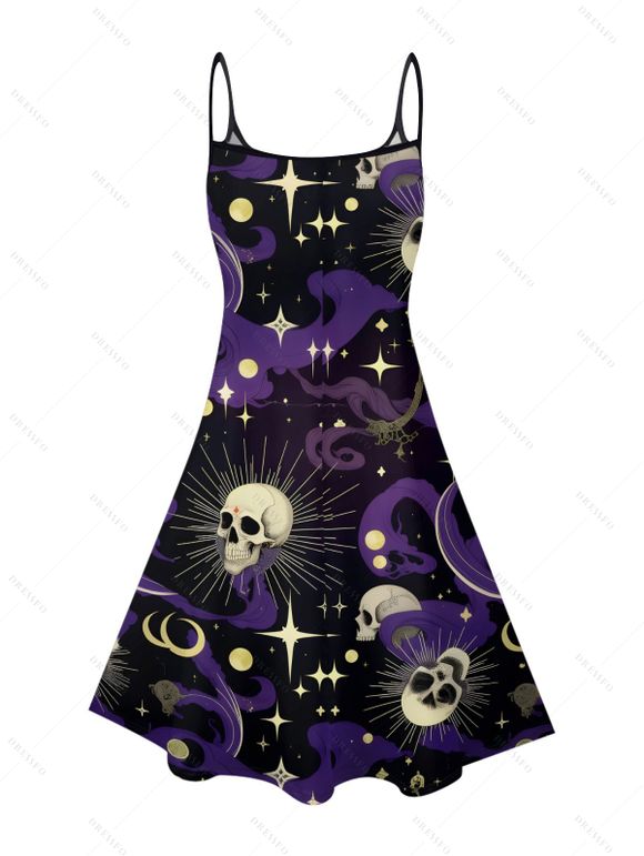 Robe gothique à motif tête de mort, fantôme, soleil, lune, étoiles, bretelles spaghetti, col en V, coupe trapèze, mini, pour les vacances - Noir XXXXL | US 18