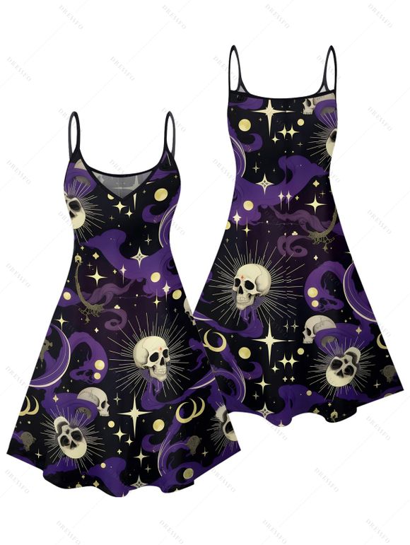 Robe gothique à motif tête de mort, fantôme, soleil, lune, étoiles, bretelles spaghetti, col en V, coupe trapèze, mini, pour les vacances - Noir XXXXL | US 18