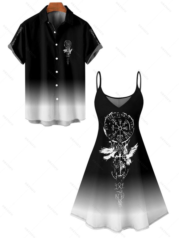 Vacation Couple Outfit Ombre Clock Printed Spaghetti Strap V Neck A Line Mini Tank Dress and Button Up Shirt Casual Matching Outfit - Noir S | US 4