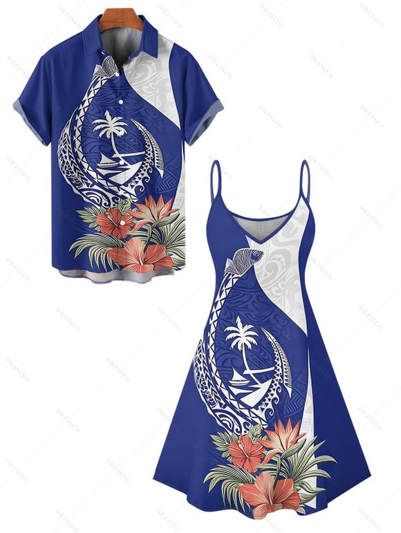 Vacation Couple Outfit Flower Leaf Animal Coconut Tree Print Spaghetti Strap Tank Dress and Button Up Shirt Beach Matching Outfit - Bleu S | US 4