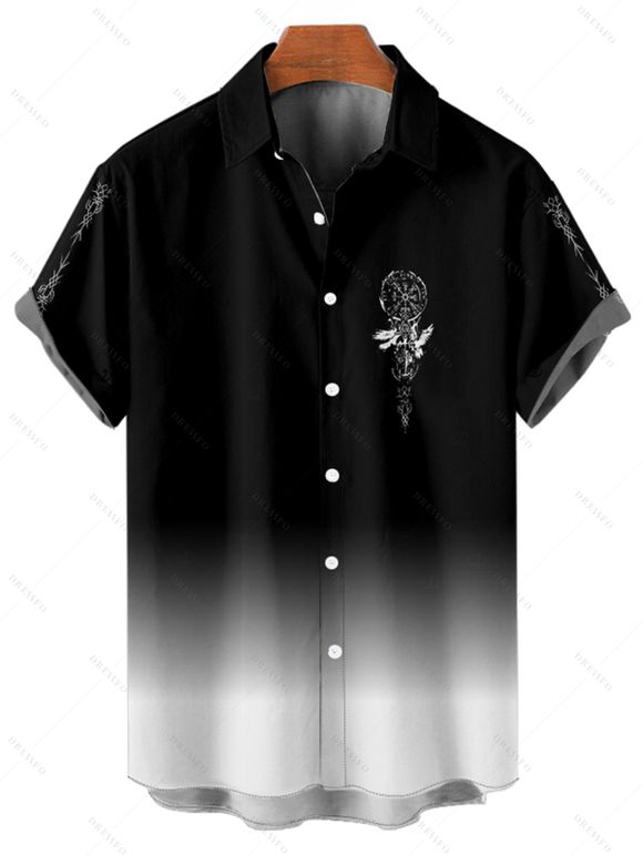 Vacation Couple Outfit Ombre Clock Printed Spaghetti Strap V Neck A Line Mini Tank Dress and Button Up Shirt Casual Matching Outfit - Noir S | US 4