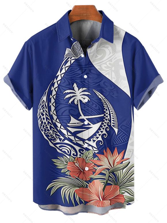 Vacation Couple Outfit Flower Leaf Animal Coconut Tree Print Spaghetti Strap Tank Dress and Button Up Shirt Beach Matching Outfit - Bleu S | US 4