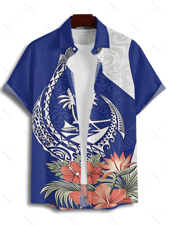 Vacation Couple Outfit Flower Leaf Animal Coconut Tree Print Spaghetti Strap Tank Dress and Button Up Shirt Beach Matching Outfit - Bleu S | US 4