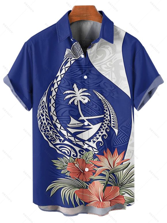 Chemise de vacances à manches courtes et boutons pour homme, imprimé fleur, feuille, animal, cocotier, plage - Bleu 5XL