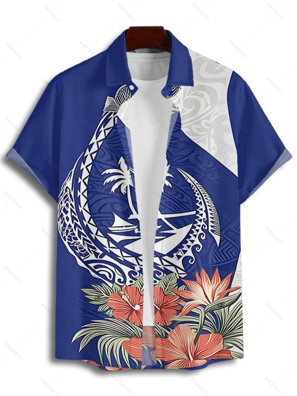 Chemise de vacances à manches courtes et boutons pour homme, imprimé fleur, feuille, animal, cocotier, plage - Bleu 3XL