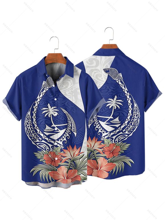 Chemise de vacances à manches courtes et boutons pour homme, imprimé fleur, feuille, animal, cocotier, plage - Bleu 3XL