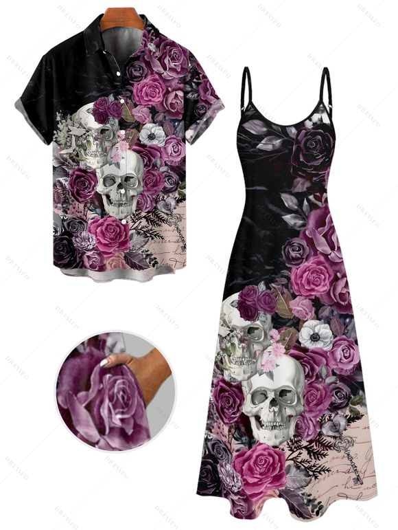 Gothic Couple Outfit Skulls Rose Flower Leaf Print Spaghetti Strap A Line Long Tank Dress and Button Up Shirt Holiday Matching Outfit - Noir S | US 4