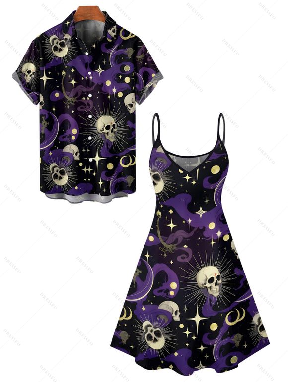 Gothic Couple Outfit Skulls Ghost Sun Moon Star Pattern Spaghetti Strap Tank Dress and Button Up Shirt Holiday Matching Outfit - Noir S | US 4
