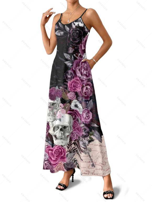 Gothic Couple Outfit Skulls Rose Flower Leaf Print Spaghetti Strap A Line Long Tank Dress and Button Up Shirt Holiday Matching Outfit - Noir S | US 4