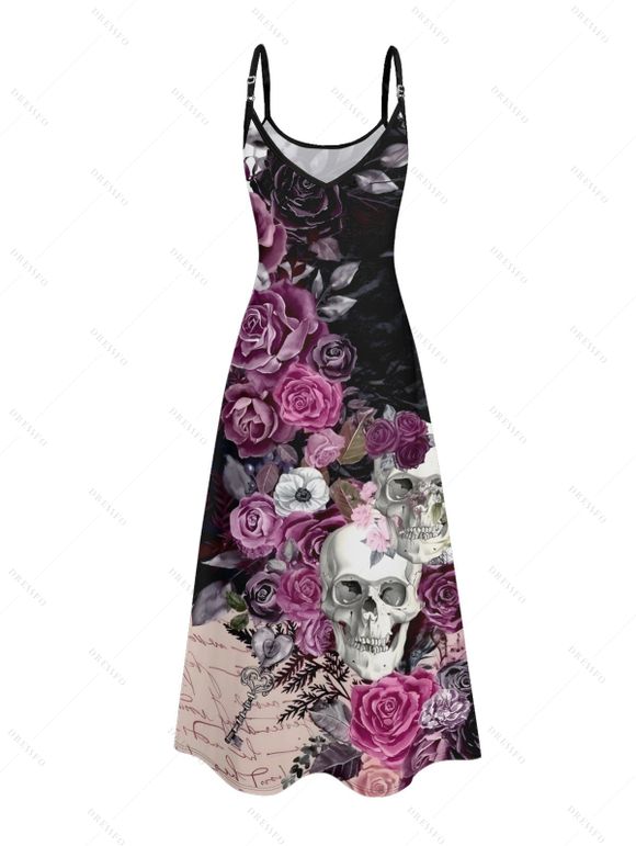 Gothic Couple Outfit Skulls Rose Flower Leaf Print Spaghetti Strap A Line Long Tank Dress and Button Up Shirt Holiday Matching Outfit - Noir S | US 4