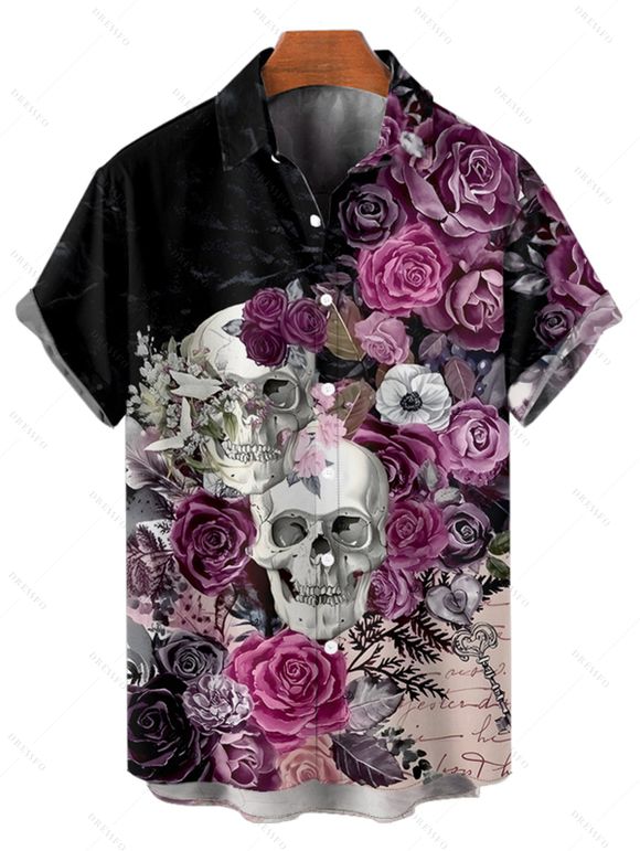 Gothic Couple Outfit Skulls Rose Flower Leaf Print Spaghetti Strap A Line Long Tank Dress and Button Up Shirt Holiday Matching Outfit - Noir S | US 4