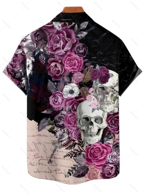 Gothic Couple Outfit Skulls Rose Flower Leaf Print Spaghetti Strap A Line Long Tank Dress and Button Up Shirt Holiday Matching Outfit - Noir S | US 4