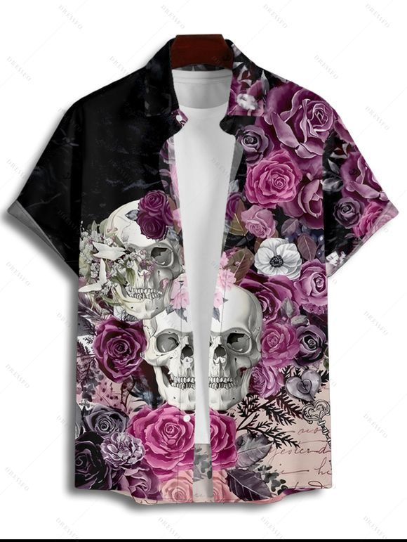 Gothic Couple Outfit Skulls Rose Flower Leaf Print Spaghetti Strap A Line Long Tank Dress and Button Up Shirt Holiday Matching Outfit - Noir S | US 4
