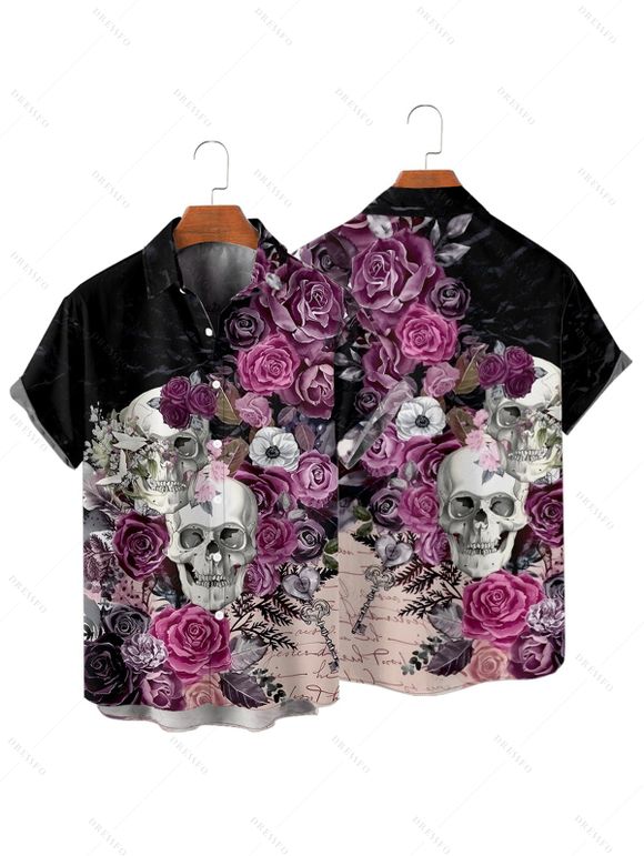 Gothic Couple Outfit Skulls Rose Flower Leaf Print Spaghetti Strap A Line Long Tank Dress and Button Up Shirt Holiday Matching Outfit - Noir S | US 4