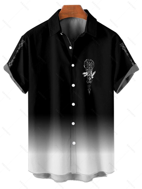 Chemise de vacances à imprimé horloge ombré pour homme, chemise décontractée à manches courtes et boutonnée et retroussable - Noir 5XL