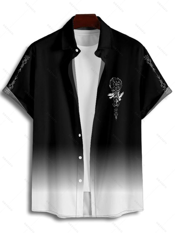 Chemise de vacances à imprimé horloge ombré pour homme, chemise décontractée à manches courtes et boutonnée et retroussable - Noir 4XL