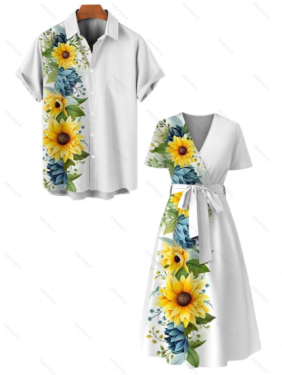 Vacation Couple Outfit Sunflower Floral Leaf Pattern A Line Midi Belt Dress and Button Up Shirt Casual Matching Outfit - Blanc S | US 4