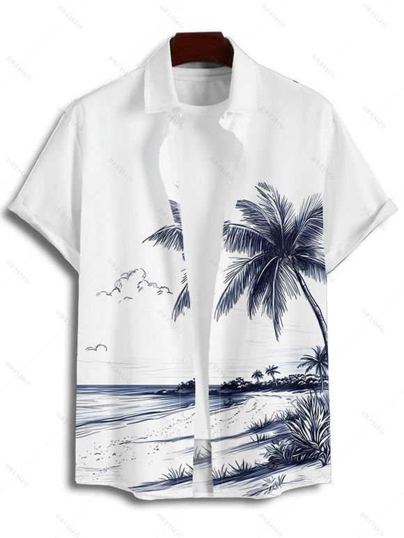 Chemise de plage à manches courtes et boutons pour homme, motif paysage de cocotiers et de plage - Blanc 4XL