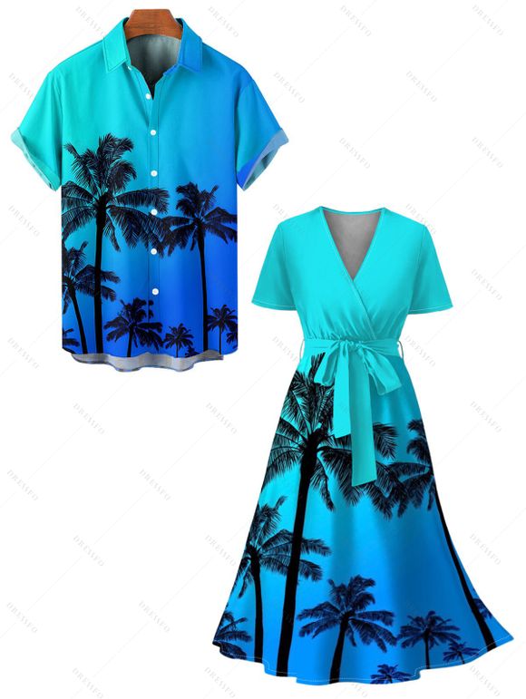 Vacation Couple Outfit Ombre Coconut Tree Pattern Belt V Neck Short Sleeve A Line Midi Dress and Button Up Shirt Beach Matching Outfit - Bleu S | US 4
