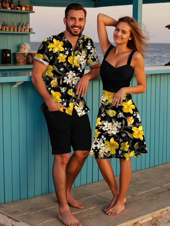 Vacation Couple Outfit Daffodil Leaf Pattern Ruched Bust Sweetheart Neck A Line Mini Dress and Button Up Shirt Casual Matching Outfit - Noir S | US 4