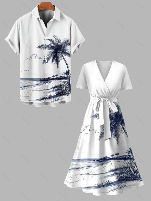 Vacation Couple Outfit Coconut Tree Beach Landscape Pattern Belt Dress and Button Up Shirt Beach Matching Outfit - Blanc S | US 4