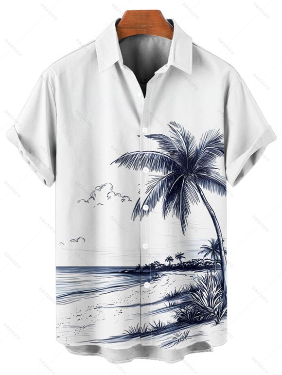 Vacation Couple Outfit Coconut Tree Beach Landscape Pattern Belt Dress and Button Up Shirt Beach Matching Outfit - Blanc S | US 4