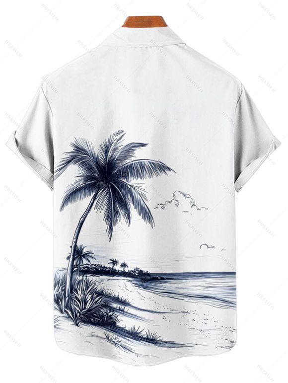 Vacation Couple Outfit Coconut Tree Beach Landscape Pattern Belt Dress and Button Up Shirt Beach Matching Outfit - Blanc S | US 4