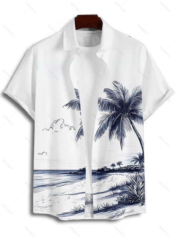 Vacation Couple Outfit Coconut Tree Beach Landscape Pattern Belt Dress and Button Up Shirt Beach Matching Outfit - Blanc S | US 4