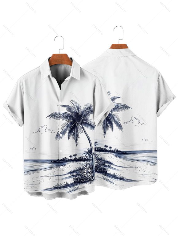 Vacation Couple Outfit Coconut Tree Beach Landscape Pattern Belt Dress and Button Up Shirt Beach Matching Outfit - Blanc S | US 4