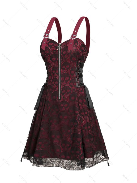 Robe gothique à lacets et demi-fermeture éclair en dentelle à motif tête de mort colorblock, sans manches, avec anneau en O, coupe trapèze, pour les fêtes - Rouge foncé XXL | US 14