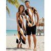 Casual Couple Outfit Colored Geometric Textured Printed Spaghetti Strap Pocket A Line Long Dress and Roll Up Sleeve Shirt Two Piece Set - café S | US 4