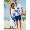 Vacation Couple Outfit Watercolor Leaf Floral Print Spaghetti Strap A Line Long Dress and Roll Up Sleeve Button Up Shirt Matching Outfit - Blanc S | US 4