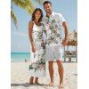 Wedding Couple Outfit Flower Leaf Pattern Pocket Adjustable Spaghetti Strap A Line Long Tank Dress and Button Up Shirt Vacation Matching Outfit - Blanc S | US 4