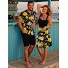 Vacation Couple Outfit Daffodil Leaf Pattern Ruched Bust Sweetheart Neck A Line Mini Dress and Button Up Shirt Casual Matching Outfit - Noir S | US 4