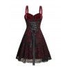 Robe gothique à lacets et demi-fermeture éclair en dentelle à motif tête de mort colorblock, sans manches, avec anneau en O, coupe trapèze, pour les fêtes - Rouge foncé XXL | US 14