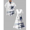 Vacation Couple Outfit Coconut Tree Beach Landscape Pattern Belt Dress and Button Up Shirt Beach Matching Outfit - Blanc S | US 4