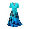 Vacation Couple Outfit Ombre Coconut Tree Pattern Belt V Neck Short Sleeve A Line Midi Dress and Button Up Shirt Beach Matching Outfit - Bleu S | US 4