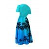 Vacation Couple Outfit Ombre Coconut Tree Pattern Belt V Neck Short Sleeve A Line Midi Dress and Button Up Shirt Beach Matching Outfit - Bleu S | US 4