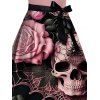 Robe gothique à manches courtes et croisées, motif tête de mort, toile d'araignée, rose et feuilles, ceinture, robe de vacances trapèze - Rose clair XXL | US 14